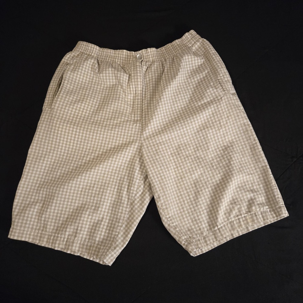 Karen Scott Sport Shorts Womens 10 Beige Check 100% Cotton Bermuda Elastic Waist